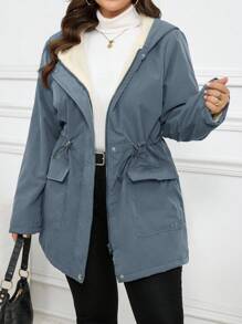 SHEIN LUNE 加大码纯色抓绒抽绳腰带拉链长袖外套，冬季女装，带帽女装，蓝色外套，带衬里外套，女士保暖衬里外套，冬季外套，秋季 - 霧霾藍 - 查看 3