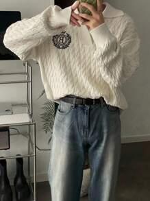 DAZY 男士休闲落肩字母图案针织米色毛衣，秋季校园 - 米色 - 查看 5