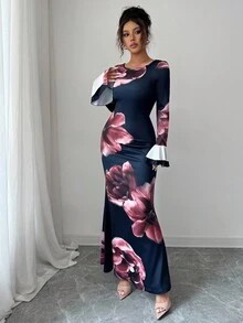 Elenzga Elegant Romantic Ruffle Hem Round Neck Waist Fitted Floral Print Fabric Women Dress With Long Sleeves Fall Cloth For Women - Multicolor - View 6