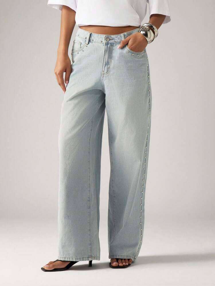 Wide Leg Baggy Jeans With Rhinestone Detail