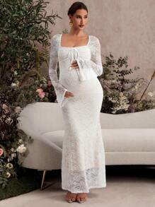 MaterniChic Valentine's Day White Lace Flare Sleeve Fitted Mermaid Hem Maternity Dress - Beige - View 7