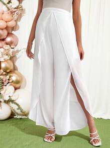 Loomaby Pantalones largos elegantes con abertura y efecto semitransparente para embarazadas, para fiestas de bienvenida del bebé - Blanco - Ver 5