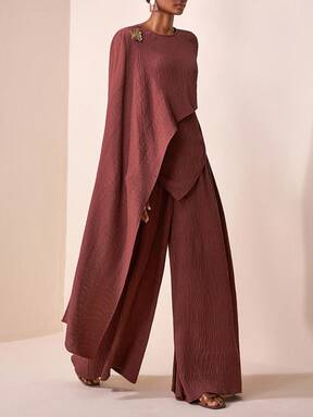 Zivah The 2025 New Early Autumn, Autumn And Winter Casual Vacation, Daily Date, Beach Vacation, Birthday Party, Small Party, Internet Celebrity Hit, Laid-Back Style, Round Neck, Slanted Hem, Long Sleeves, Flared Cuffs, Patchwork Decoration, Metal Buckle Decoration, Loose Long Top + Wide-Leg Pants, Super Long Pants, Side Pockets, Brown Texture Fabric, Women's Two Pieces Set -A,Fall