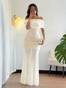 Rafferiza Women's Spring/Summer Off Shoulder Mesh Patchwork Elegant Fitted Dress - Apricot - View 6