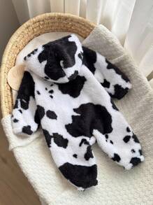 新生男婴/女婴两件套服装，温暖柔软的毛绒面料，可爱的奶牛印花，撞色，拉链连帽衫和宽松裤子，百搭百搭，适合户外玩雪和室内穿着 - 黑與白 - 查看 2