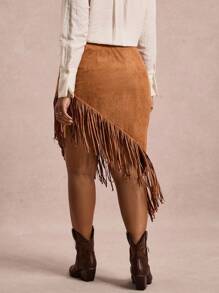 Freevana Asymmetrischer Fransen-Dekor Lässig Lässig Rock, Fransen Rock, Western Rock, Cowgirl Rock, Wildleder Rock, Country Rock, Rückkehr zur Schule Herbst Lehrerin Schule Lehrerin Country Konzert Western Boho Rave Vintage 2000er Jahre Stil Herbst Große Größen Country Old Money Bohemian Lässig Herbst