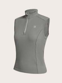 SHEIN Sports Women's Stand Collar Half Zip Front Sleeveless Vest And Knee-Length Shorts Outdoor Set - Grey - View 2
