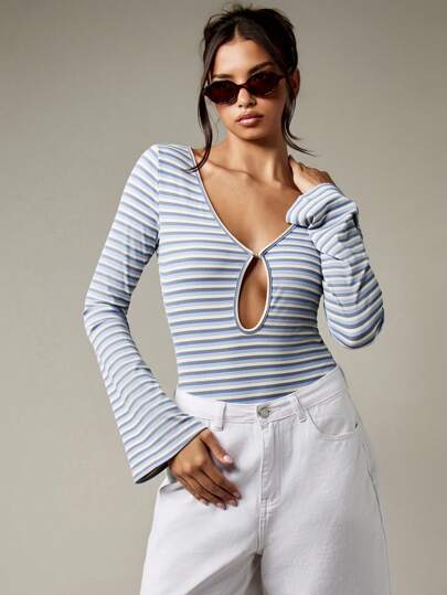 MISSGUIDED 长袖紧身衣 罗纹锁孔前开领条纹图案修身连体衣 秋冬春季修身休闲日常