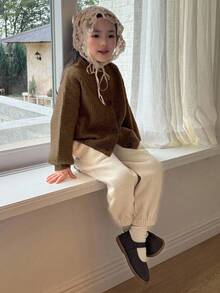 DAZY Cardigan Rajut Kasual Longgar Kancing Tunggal Lengan Panjang Bahu Jatuh Warna Polos untuk Anak Perempuan Musim Gugur/Dingin - Coklat - View 2