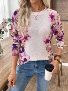 SHEIN LUNE Neu Vintage-inspirierter Farbdruck Rundhals leicht luftiger gestrickter Damen-Pullover, frisch und stylish für Frühling/Sommer - Aprikosenfarben - Übersicht 4