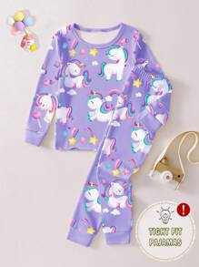 女婴卡通独角兽和彩虹印花舒适睡衣套装，长袖上衣和裤子，舒适时尚 - 紫色 - 查看 5