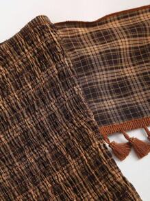 Sweetra 法式复古格子流苏蝴蝶结短款吊带背心 - 棕色 - 查看 7