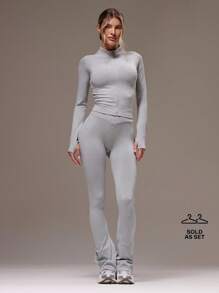 Musera Sport 高领长袖无缝修身拉链运动夹克搭配高腰弹力喇叭紧身裤套装，适合健身、运动、普拉提、瑜伽、健身房等各种场合。 - 灰色 - 查看 1