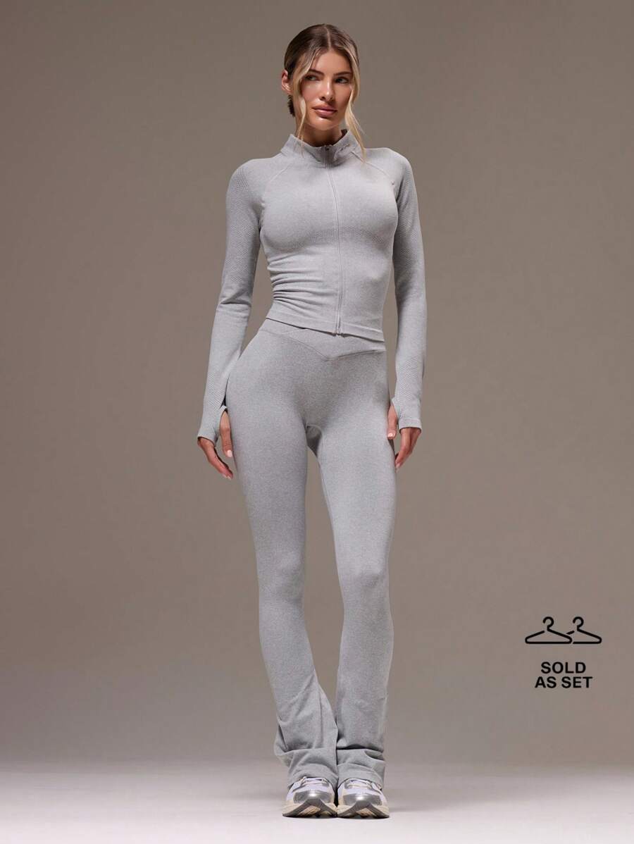 Musera Sport 高领长袖无缝修身拉链运动夹克搭配高腰弹力喇叭紧身裤套装，适合健身、运动、普拉提、瑜伽、健身房等各种场合。 - 灰色 - 查看 1
