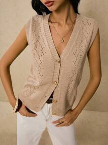 Poéselle Gilet sans manches à boutons en tricot - Gilet de chandail ajouré col V décontracté pour femmes, Gilet en tricot pour femmes, Gilet ajouré, Gilet de chandail superposable pour l'automne/l'hiver - Kaki - Voir 4
