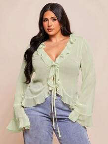 SHEIN BAE Bluză elegantă din șifon pentru femei, mărime plus, de primăvară timpurie, cu tiv cu volane, mânecă lungă, potrivită pentru întâlniri romantice, ieșiri cu prietenii, activități de vacanță și ieșiri elegante de zi cu zi.