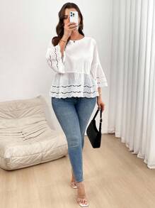 CosyJoli Plus Size Women's Solid Color Hollow Out Ruffle Hem Round Neck Blouse,Slightly Sheer