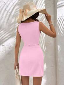 EURMUSE LUNE Square Neck Flower Embellishment Solid Color Top & Mini Skirt Two Pieces Summer Set - Baby Pink - View 2