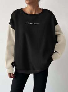 EURMUSE Cotton Pink Dark Grey Colorblock Oversize Fit Sweatshirt - Black - View 4