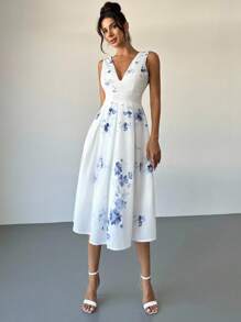 Firerie Robe élégante à col V sans manches avec imprimé floral pour femmes