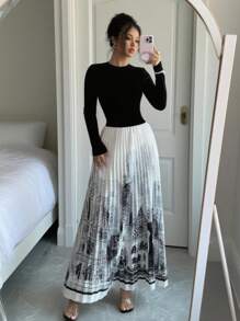 Rafferiza Women's Knitted 2 In 1 Long Sleeve Round Neck Patchwork Pleated Printed Maxi Dress,Black And White,Autumn,Elegant,Evening Wedding Guest Party Dress - Black - View 3