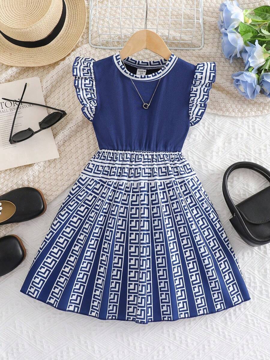 SHEIN 女童经典碎花荷叶袖连衣裙，优雅时尚，适合休闲户外穿着，春夏女童蓝白连衣裙，青少年蓝白连衣裙，蓝色青少年儿童连衣裙，儿童藏蓝色连衣裙，藏蓝色夏季连衣裙 - 藏蓝色 - 查看 1