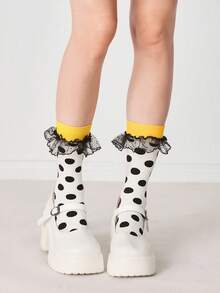 ROMWE Kawaii Calcetines con cuello redondo para mujer con estampado de lunares, inserto de malla y ribete con volantes - Multicolor - Ver 4
