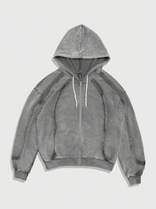 ROMWE MEN Street Life Áo nỉ dài tay thường ngày có dây rút khóa kéo màu trơn dành cho nam - Xám - Xem 1