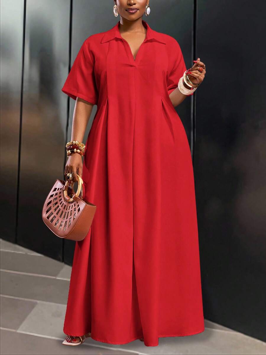 Slaydiva 春夏新款度假通勤休闲白色宽松短袖V领褶皱A字长款衬衫裙，大码女装 - 紅色 - 查看 1