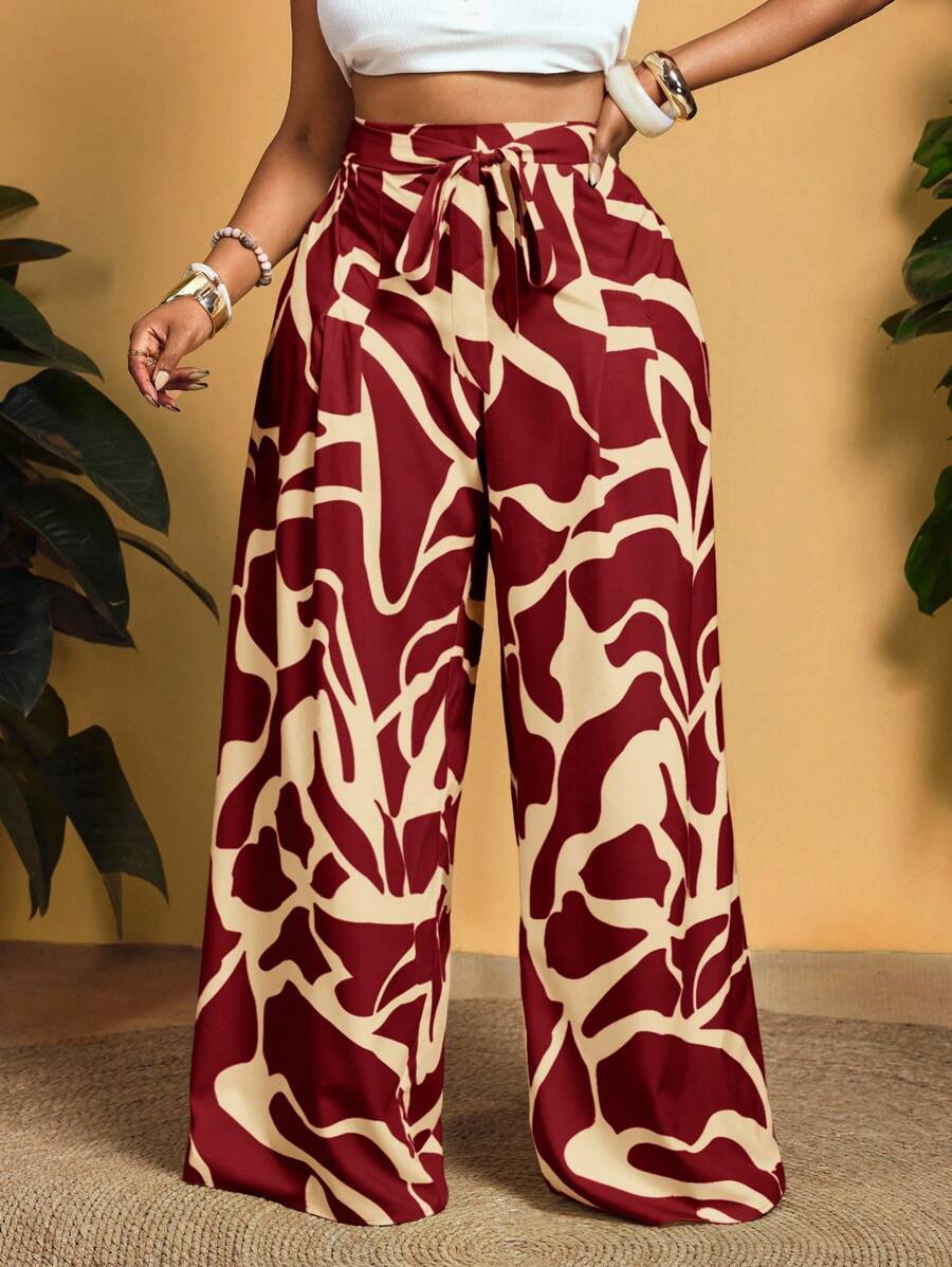 Slaydiva Plus Size Women's Vacation Style All-Over Print High Waist Belted Loose Wide Leg Pants
