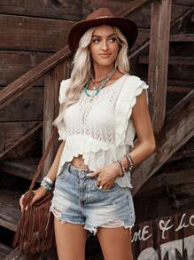 LanaWest Damski sweter dzianinowy z pustym wzorem patchworkowym i asymetrycznym dołem, krótki rękaw - Beżowy - Zobacz 4