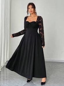 Elenzga 大码女式优雅浪漫心形领蕾丝拼接长袖连衣裙 - 黑色 - 查看 3