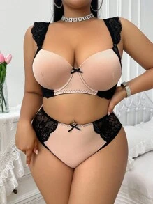 SHEIN 2pcs Plus Size Lace Patchwork Underwire Bra & Panty Set, Lingerie Set, Lift - Multicolor - View 4