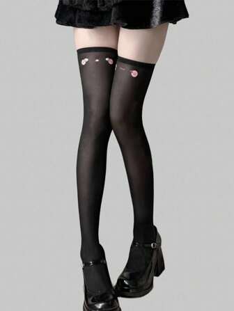 Anime 1 par de calcetines por encima de la rodilla con un patrón de expresión minimalist Cute, calcetines por encima de la rodilla sólidos en negro de estilo académico Y2K, mallas transparentes súper delgadas y elásticas