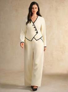 Flouryn 2 件大码女式优雅饰边单排扣长袖上衣和裤子套装秋季女装工作服女装秋季女装秋季套装女式裤套装正式裤套装 - 杏色 - 查看 5