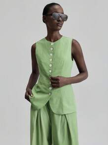 Ontre Women's 2025 New Autumn Fashion 2000s Retro Style Countryside Outfit, Office Lady Business Casual Suit With Sleeveless Jacket & Pants For Dates, Outings, Parties, Airports - Green - View 2