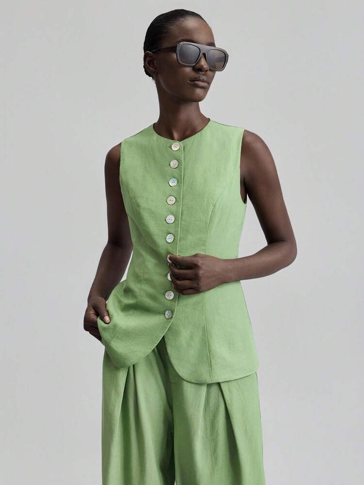 Women's Sage Green Summer Effortless Chic Brunch Outfit,Linen Sleeveless Jacket & Pants Suit,2000s Retro Style Business Casual For Office Lady