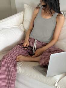 DAZY 纯色针织无袖上衣和直筒格子睡裤女士睡衣套装 - 灰色 - 查看 4