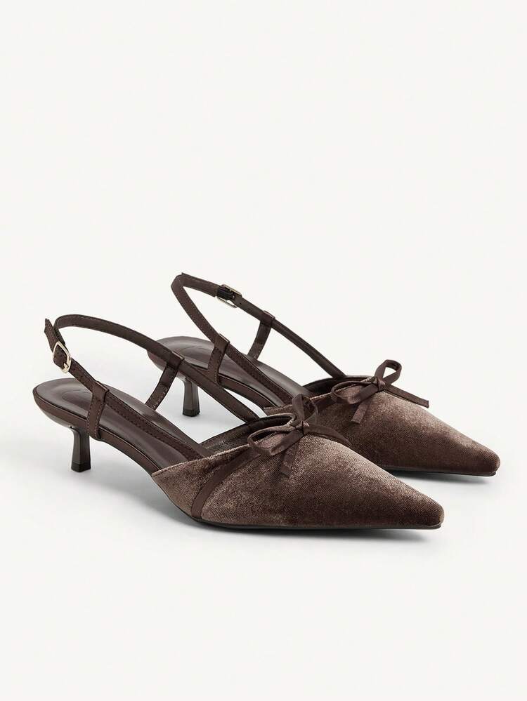 CUCCOO CHICEST Women's Pointed Toe Kitten Heel Pumps With Bow Accent, Elegant Sweet Romantic Fashion Velvet High Heels In Brown/Chocolate, Dress Shoes For Afternoon Tea, Date, Party, Work, Christmas, Thanksgiving, Halloween, Valentine's Day