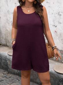 SHEIN LUNE 加大码女式纯色圆领无袖带口袋休闲连体衣夏季波西米亚风复古女士夏季服装春假狂欢装节日春假服装