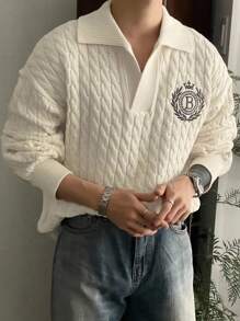 DAZY 男士休闲落肩字母图案针织米色毛衣，秋季校园 - 米色 - 查看 9