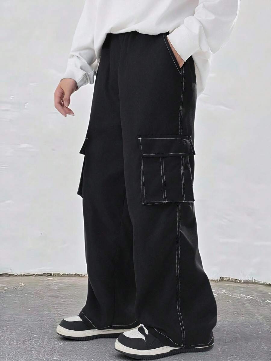 SHEIN Mirajuku 1件青少年男童户外休闲工装裤，顶部缝线设计，适合所有季节户外活动，秋冬季时尚百搭。 - 黑色 - 查看 1