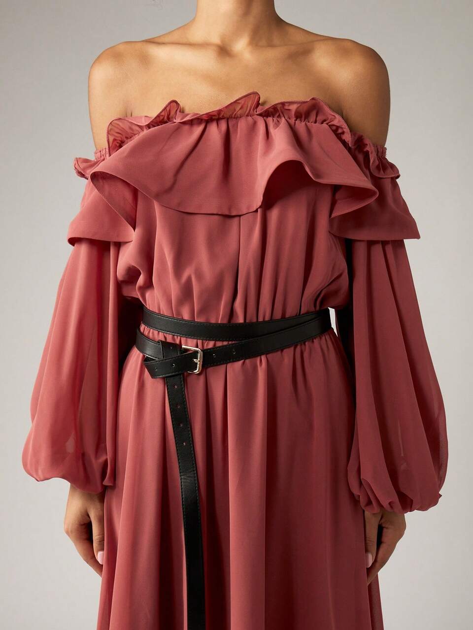 AiiRZ Off Shoulder Ruffle Maxi Dress Long Balloon Sleeve Empire Waist Special Occasion Flowy Chiffon Gown Wedding Guest Party Evening Formal Dress