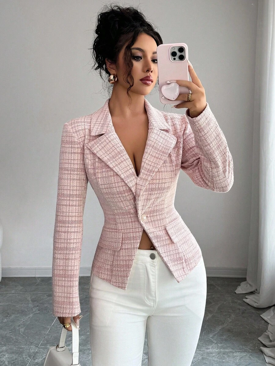 Selianne 优雅浪漫格子面料腰部合身长袖女式西装外套 - 粉色 - 查看 1