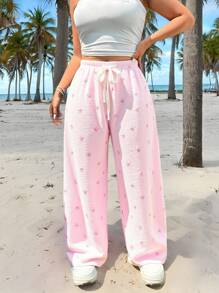 SHEIN EZwear 大码宽松抽绳腰皱粉色蝴蝶结条纹阔腿休闲裤夏季度假裤 - 粉色 - 查看 1