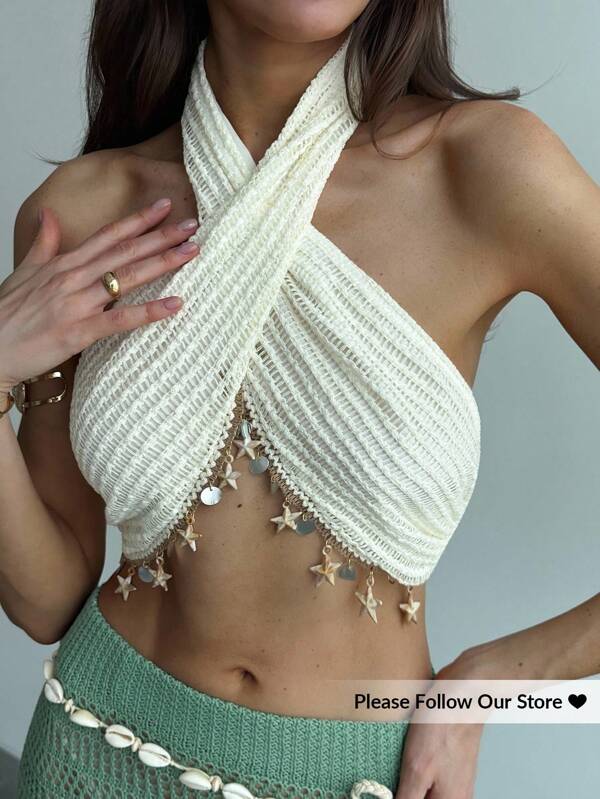 Aloruh Women's Summer Starfish Trim Cropped Halter Top , Summer Beach Vacation