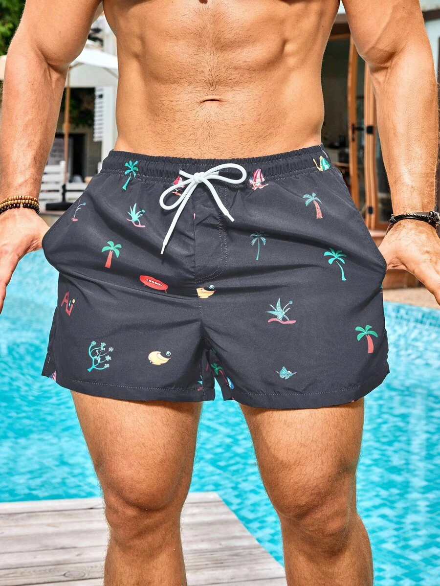Palasendo Pantalones cortos de playa casuales con estampado y cordón para hombre, bañadores de playa, ropa de playa para hombre - Gris Oscuro - Ver 1