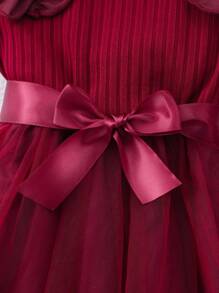 Glamorique Kids 女宝宝荷叶边盖袖罗纹网眼圆领夏季公主休闲连衣裙（配腰带） - 酒紅色 - 查看 7