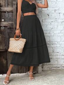 Breezaya 女式撞色蕾丝荷叶边下摆超长度假海滩裙 - 黑色 - 查看 1