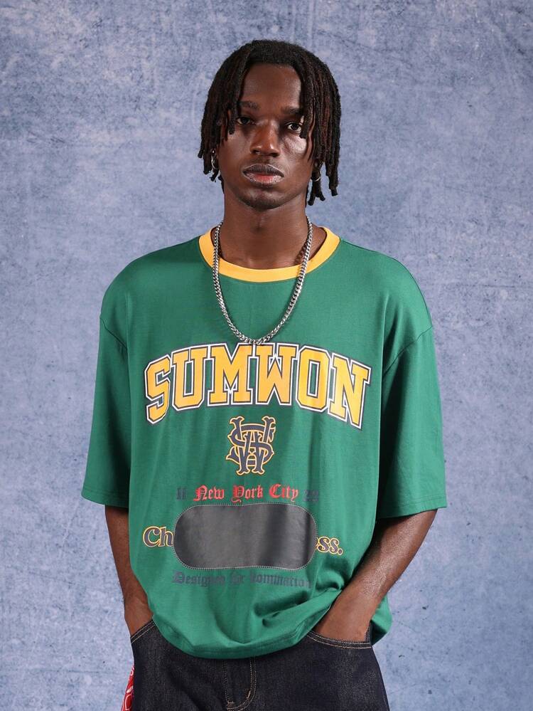 SUMWON Streetwear Varsity College Style Graphics T-Shirt Relaxed Fit Summer Campus Letter Print Crew Neck Urban Retro Vintage Aesthetic Casual Tee